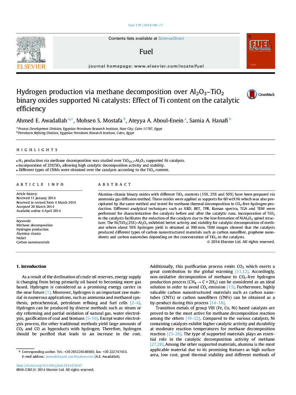 Hydrogen production via methane decomposition over Al2O3-TiO2 binary oxides supported Ni catalysts: Effect of Ti content on the catalytic efficiency