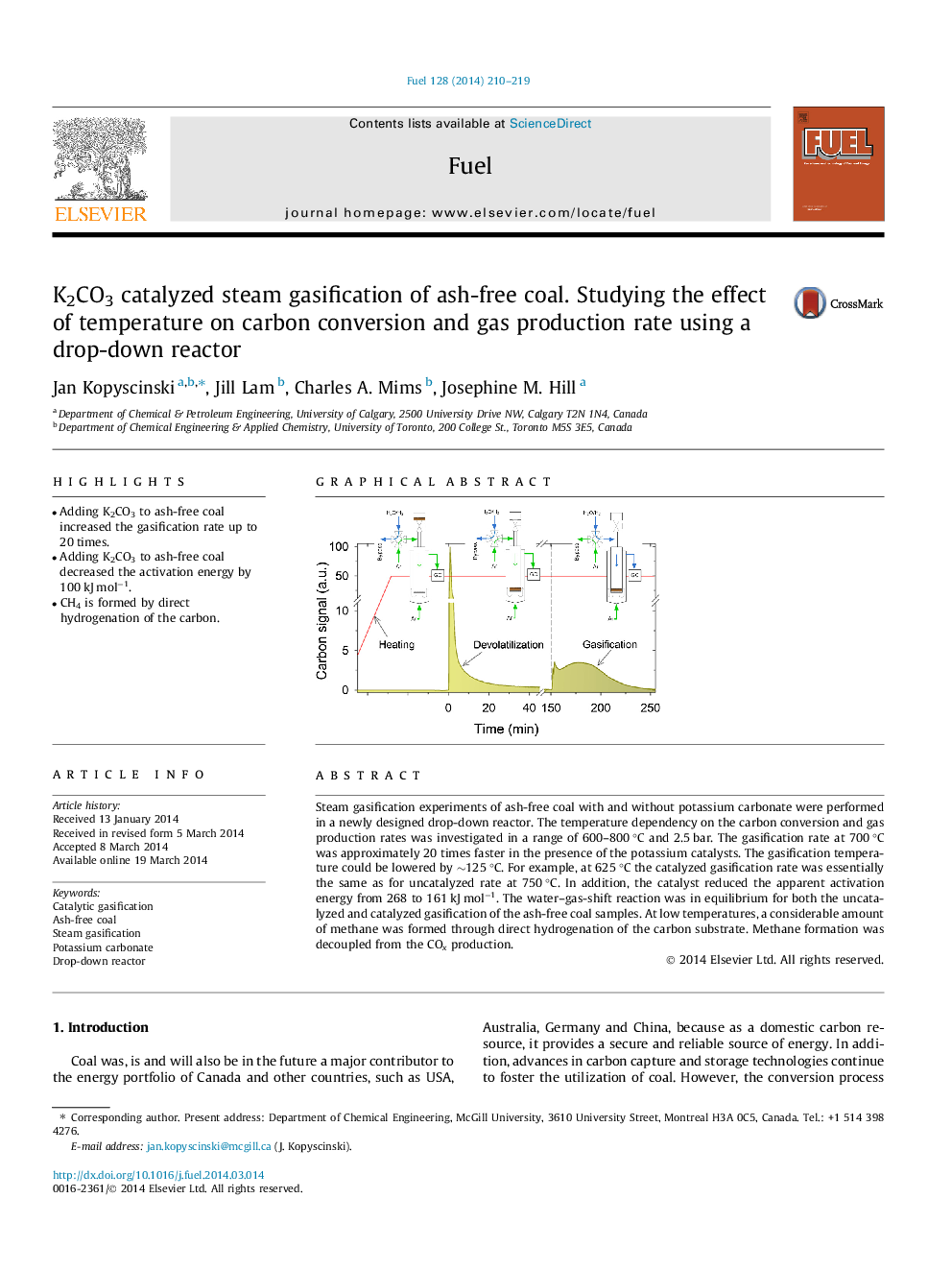 K2CO3 catalyzed steam gasification of ash-free coal. Studying the effect of temperature on carbon conversion and gas production rate using a drop-down reactor