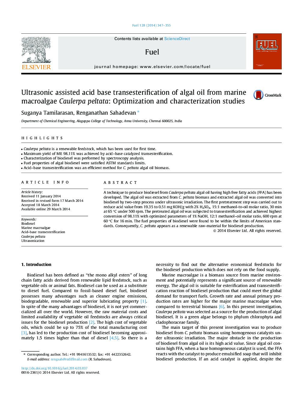 Ultrasonic assisted acid base transesterification of algal oil from marine macroalgae Caulerpa peltata: Optimization and characterization studies