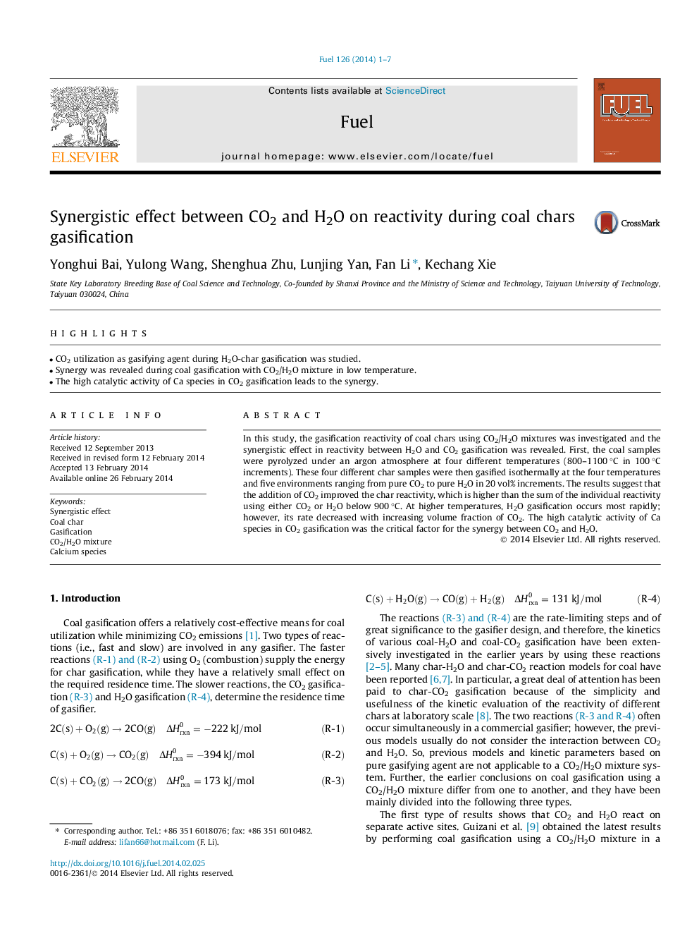 Synergistic effect between CO2 and H2O on reactivity during coal chars gasification