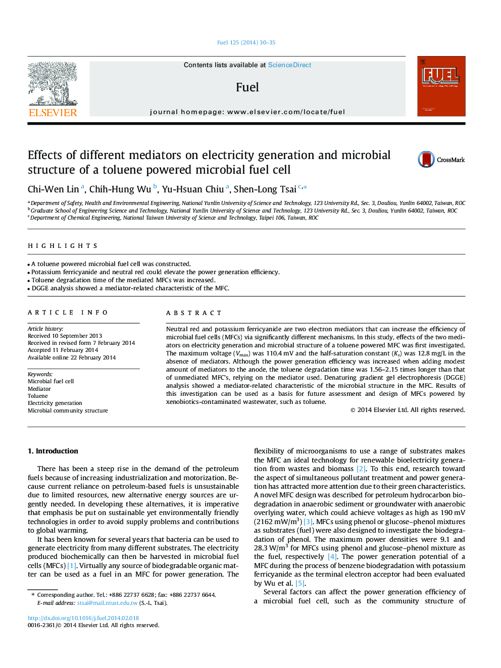 Effects of different mediators on electricity generation and microbial structure of a toluene powered microbial fuel cell