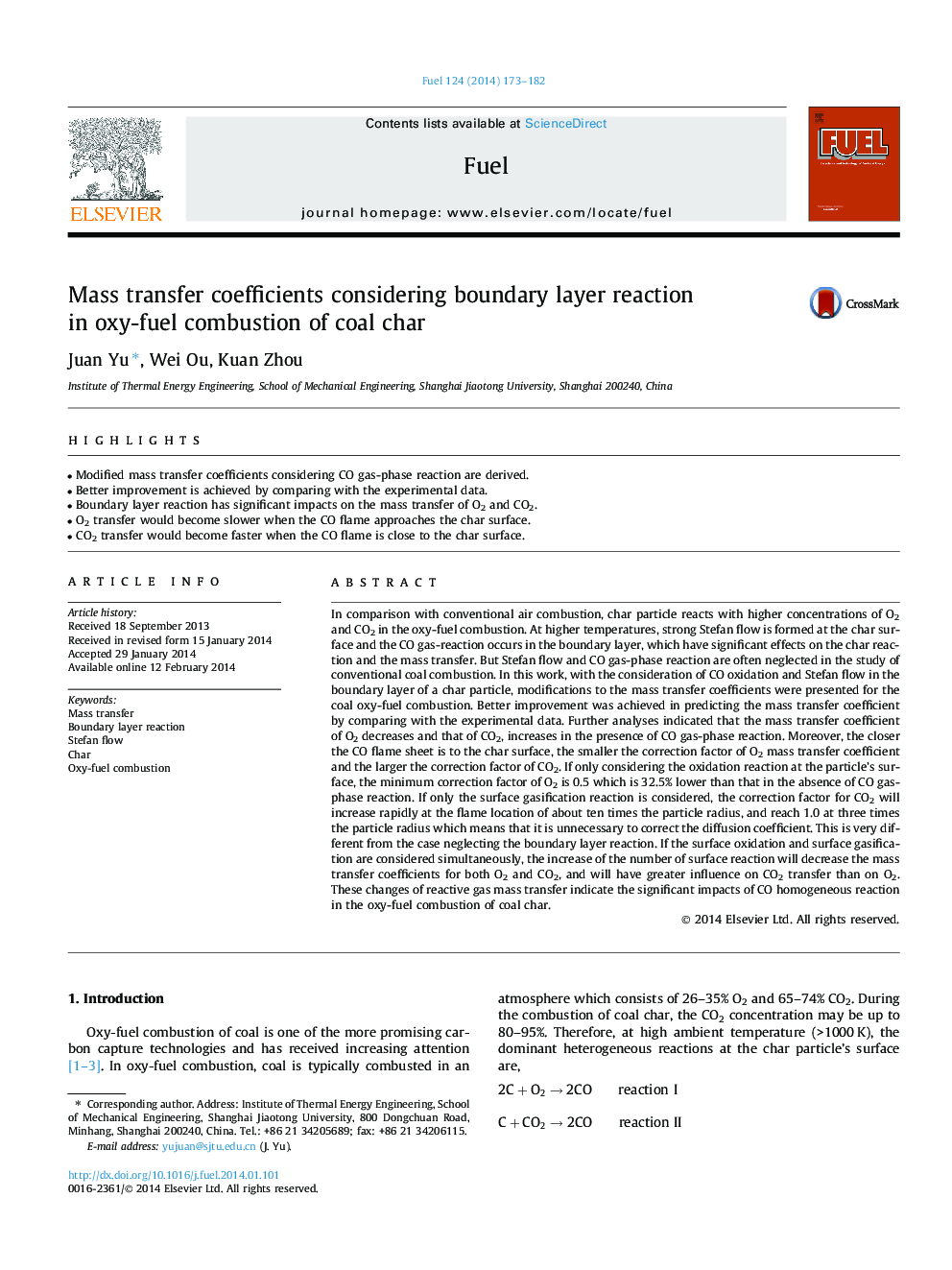 Mass transfer coefficients considering boundary layer reaction in oxy-fuel combustion of coal char