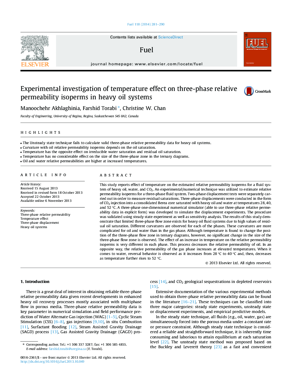 Experimental investigation of temperature effect on three-phase relative permeability isoperms in heavy oil systems