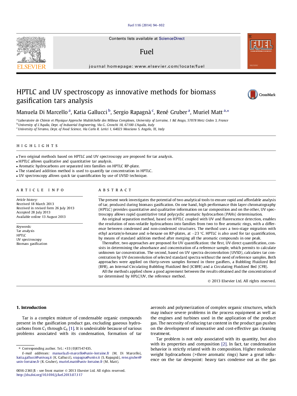 HPTLC and UV spectroscopy as innovative methods for biomass gasification tars analysis