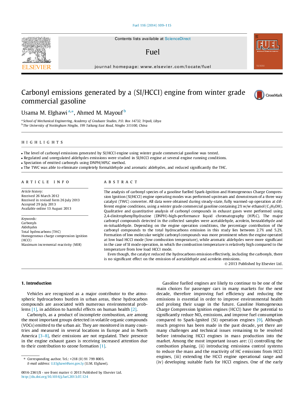 Carbonyl emissions generated by a (SI/HCCI) engine from winter grade commercial gasoline