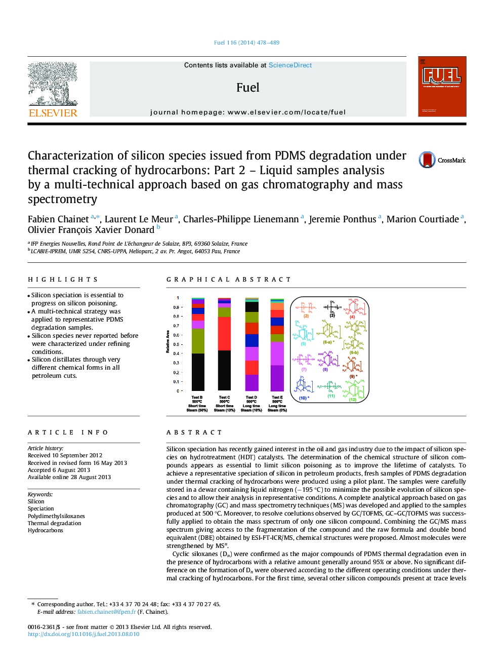 Characterization of silicon species issued from PDMS degradation under thermal cracking of hydrocarbons: Part 2 - Liquid samples analysis by a multi-technical approach based on gas chromatography and mass spectrometry