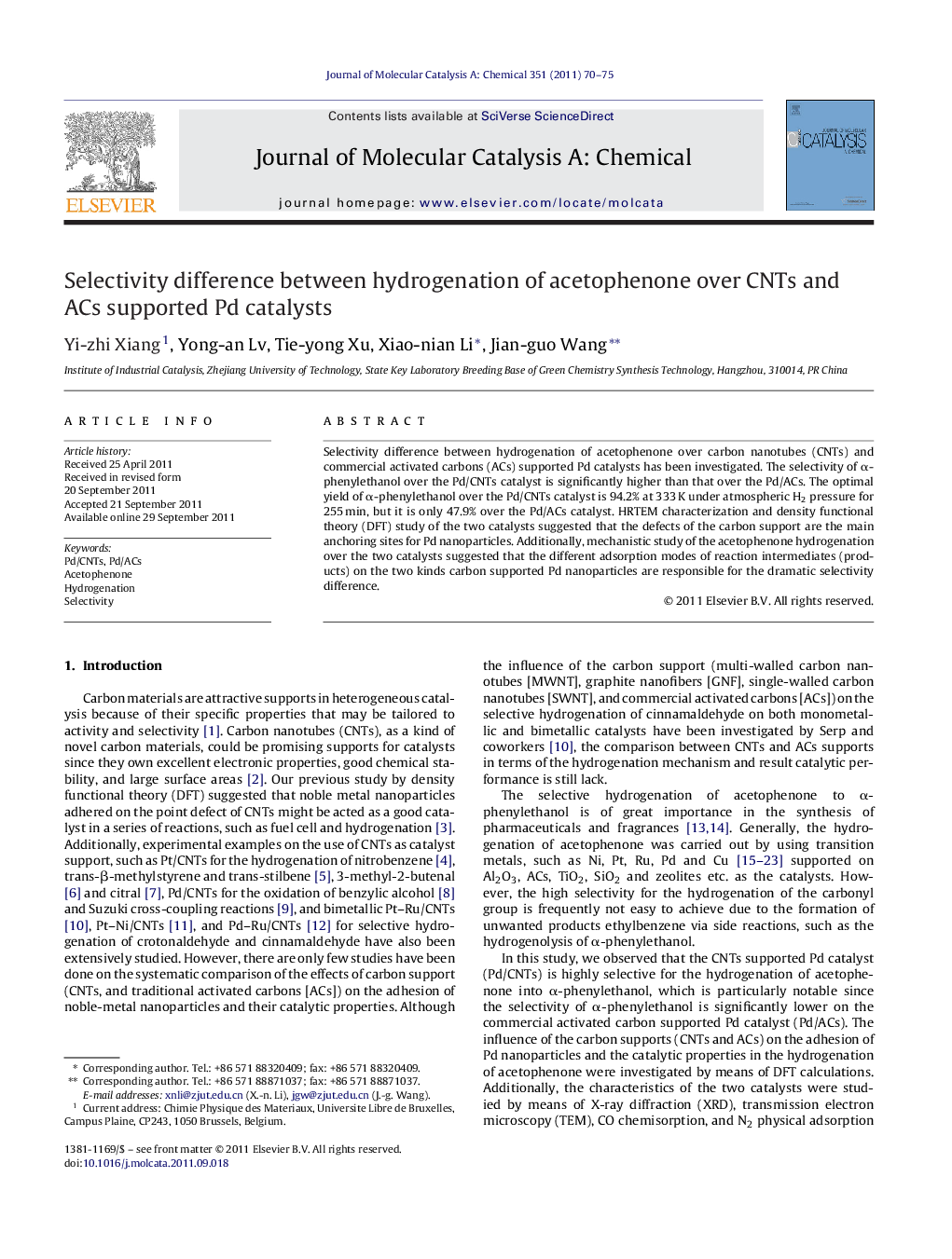 Selectivity difference between hydrogenation of acetophenone over CNTs and ACs supported Pd catalysts