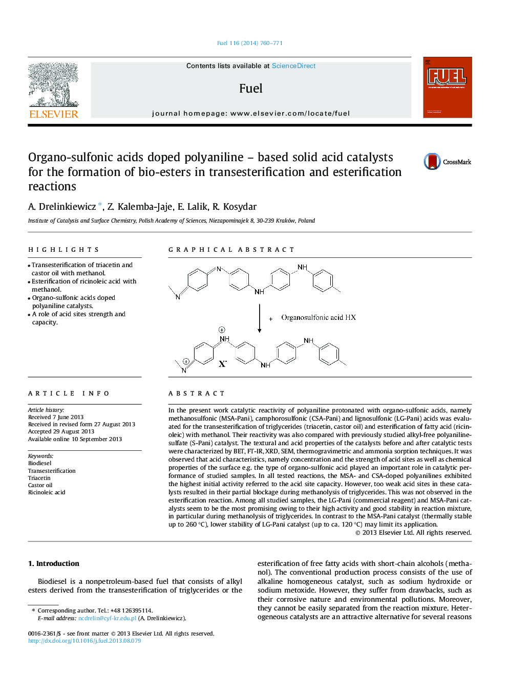 Organo-sulfonic acids doped polyaniline - based solid acid catalysts for the formation of bio-esters in transesterification and esterification reactions