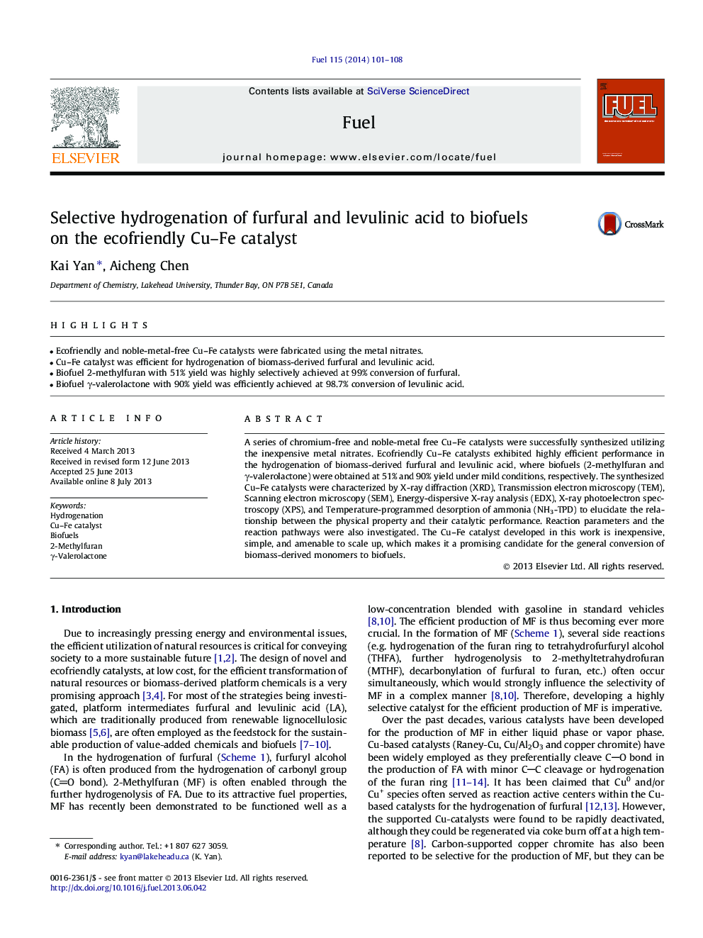 Selective hydrogenation of furfural and levulinic acid to biofuels on the ecofriendly Cu-Fe catalyst