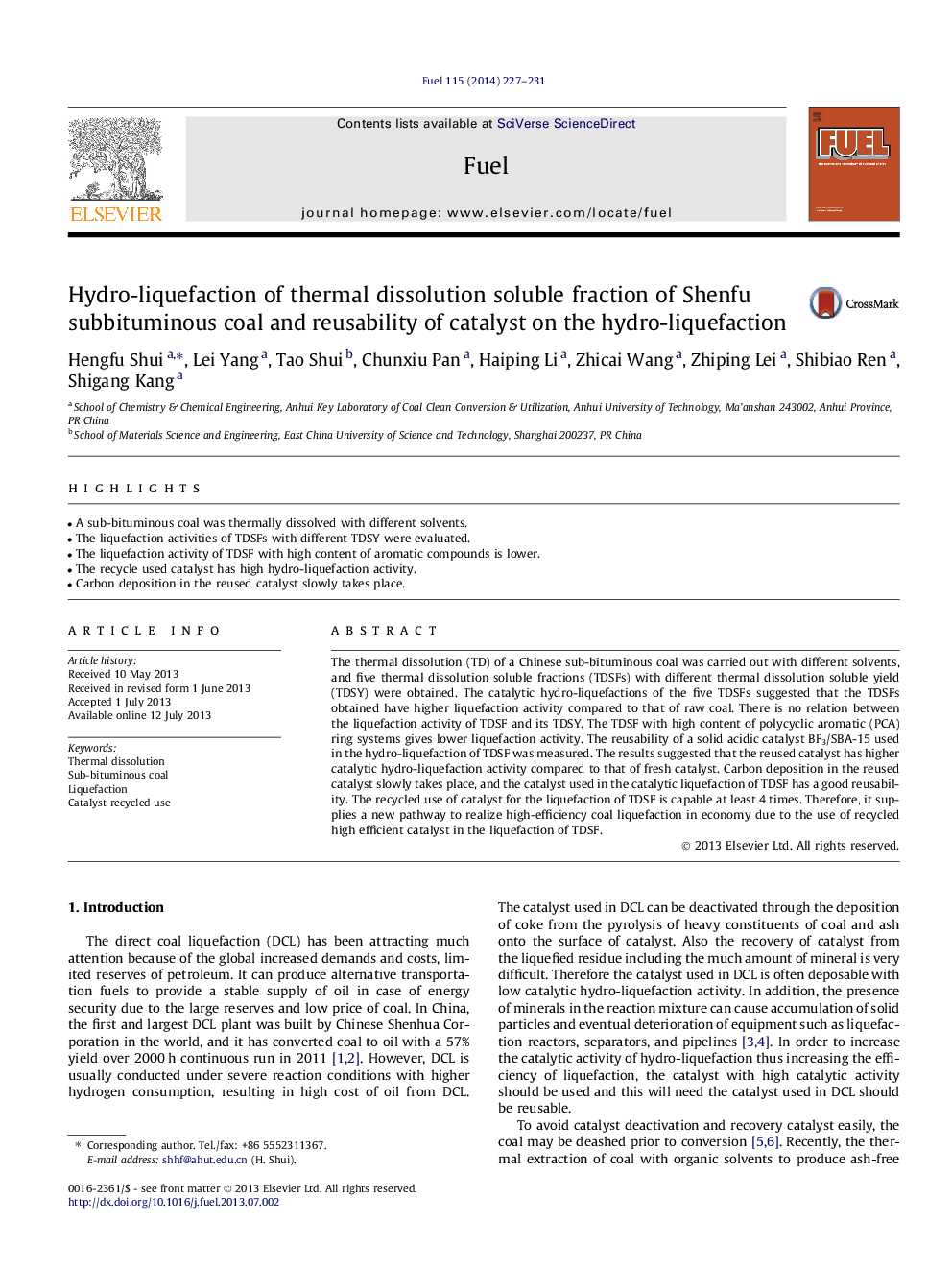 Hydro-liquefaction of thermal dissolution soluble fraction of Shenfu subbituminous coal and reusability of catalyst on the hydro-liquefaction