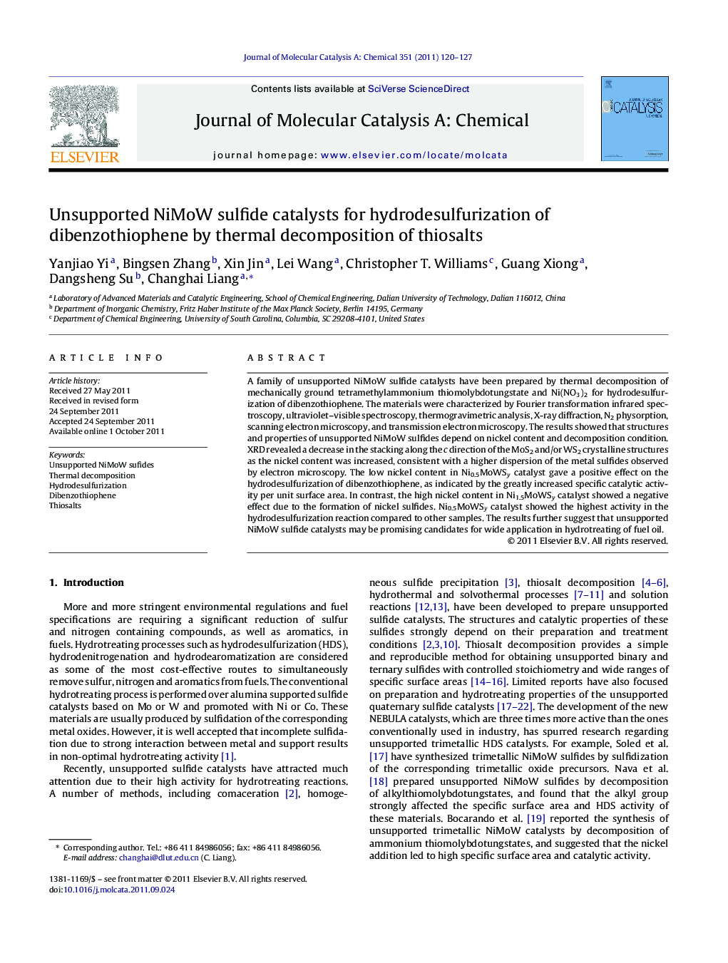 Unsupported NiMoW sulfide catalysts for hydrodesulfurization of dibenzothiophene by thermal decomposition of thiosalts