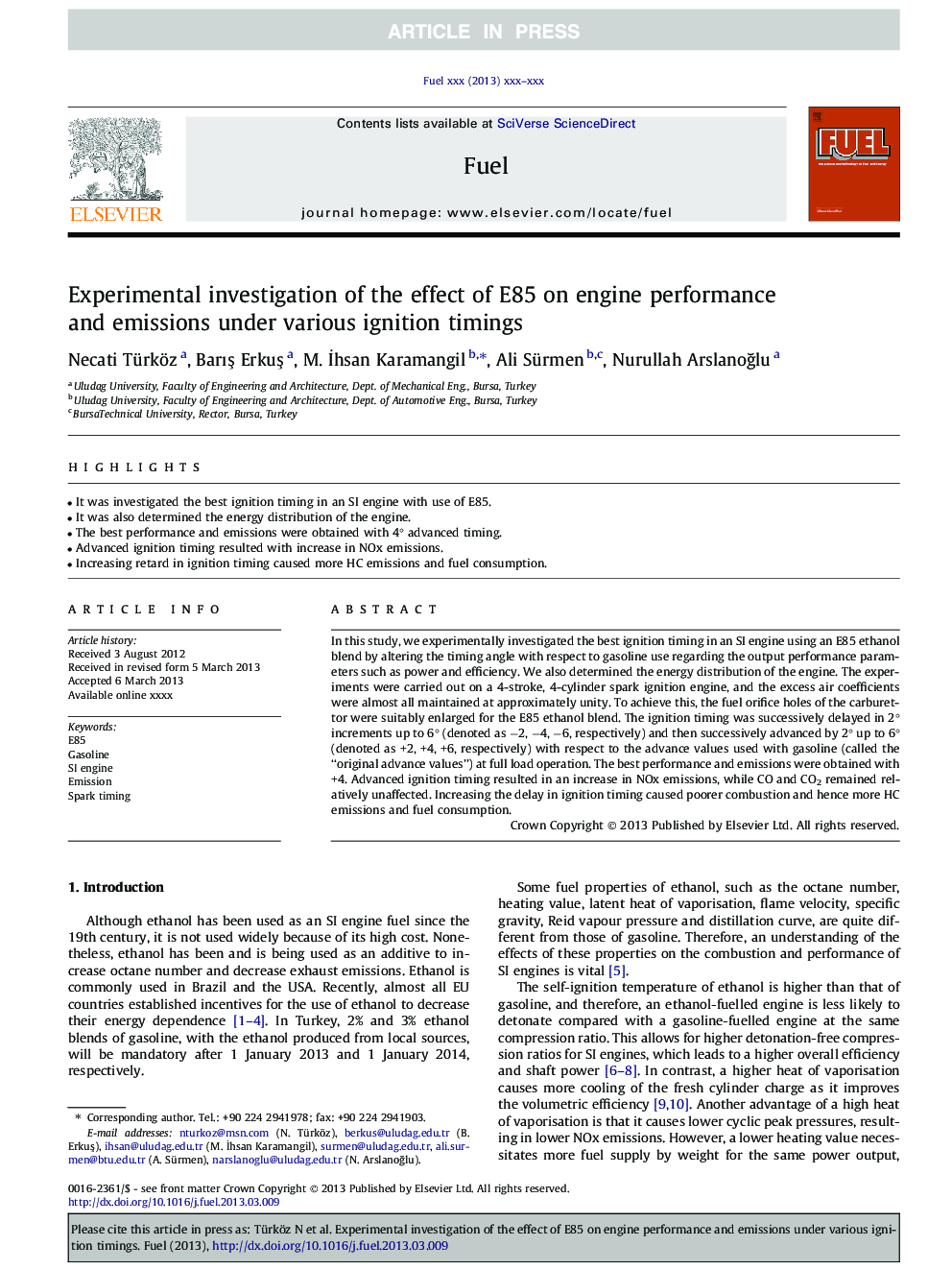 Experimental investigation of the effect of E85 on engine performance and emissions under various ignition timings