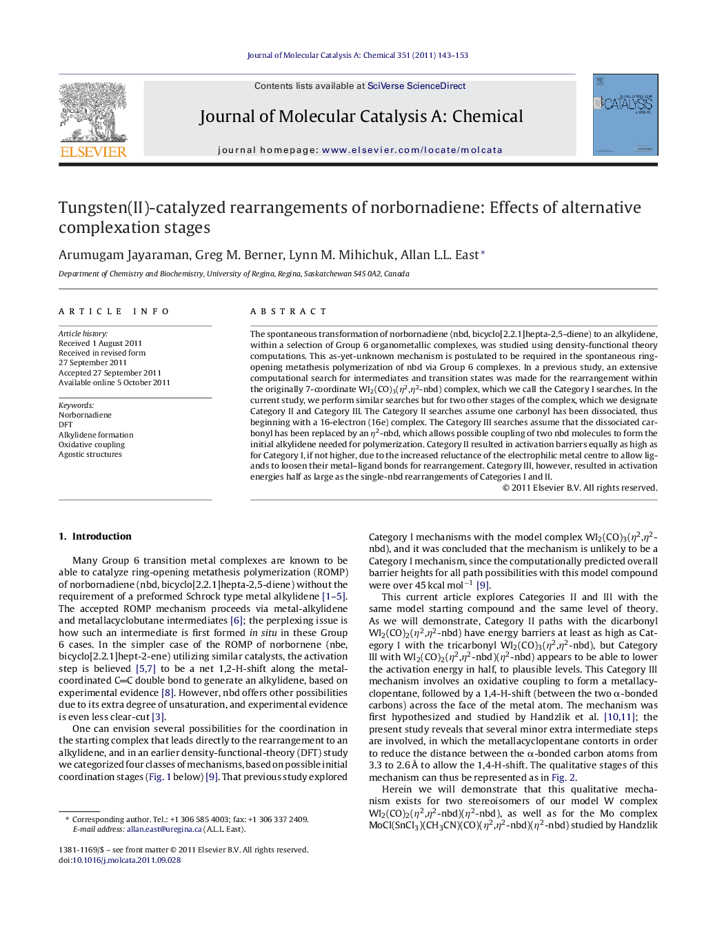 Tungsten(II)-catalyzed rearrangements of norbornadiene: Effects of alternative complexation stages