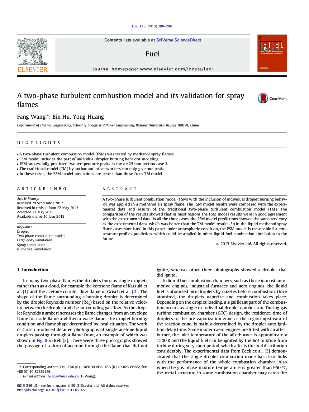 A two-phase turbulent combustion model and its validation for spray flames