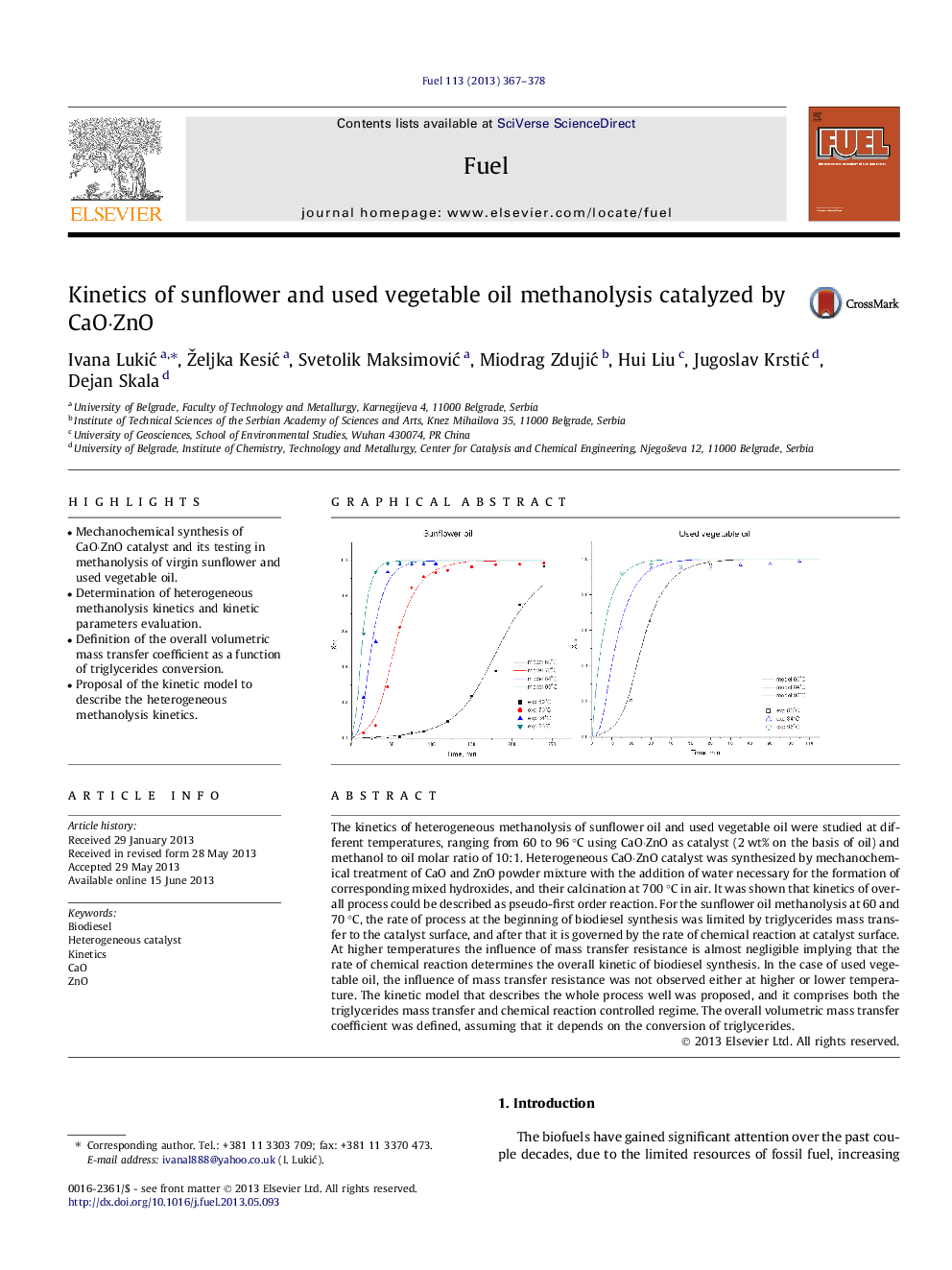 عکس صفحه اول مقاله: Kinetics of sunflower and used vegetable oil methanolysis catalyzed by CaO·ZnO Kinetics of sunflower and used vegetable oil methanolysis catalyzed by CaO·ZnO