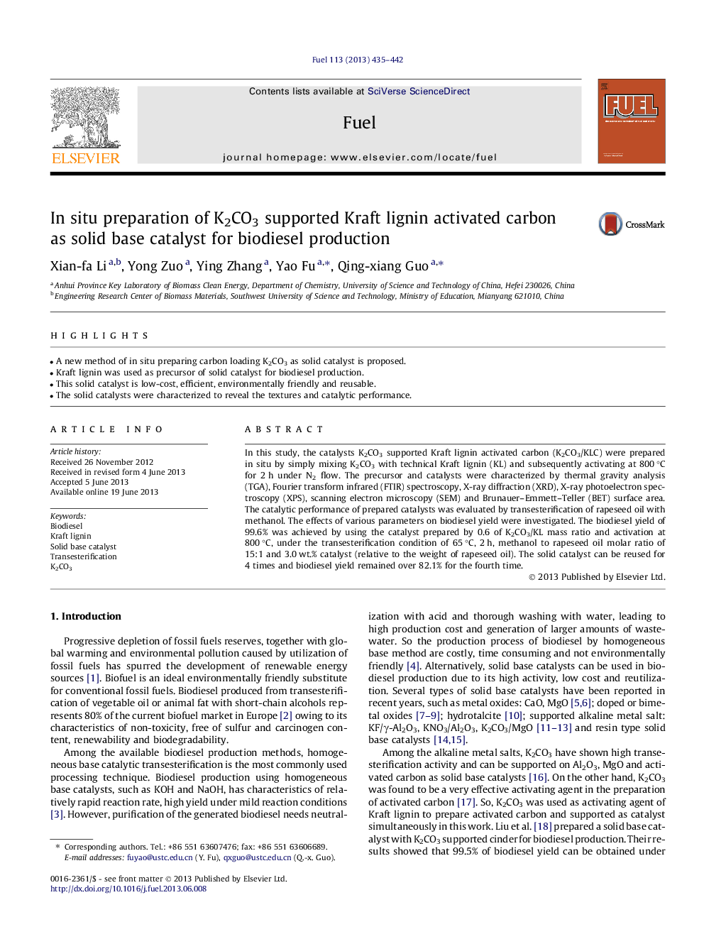 In situ preparation of K2CO3 supported Kraft lignin activated carbon as solid base catalyst for biodiesel production