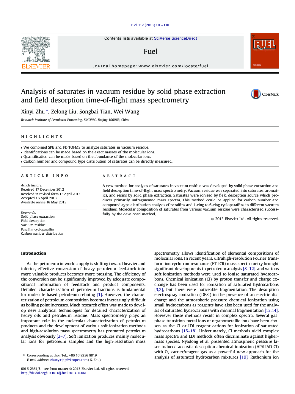 Analysis of saturates in vacuum residue by solid phase extraction and field desorption time-of-flight mass spectrometry