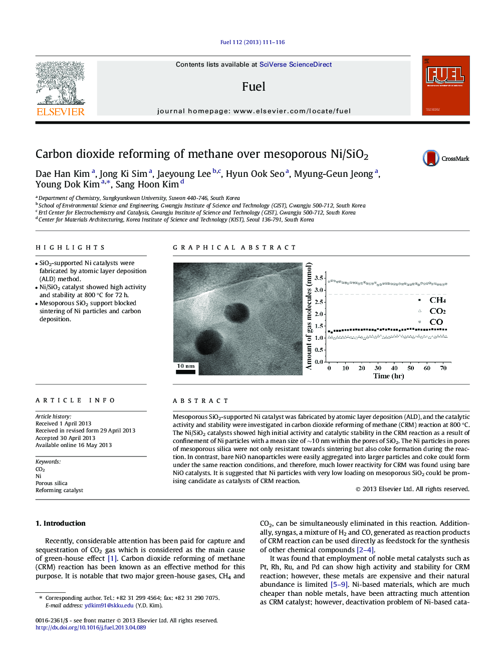 Carbon dioxide reforming of methane over mesoporous Ni/SiO2