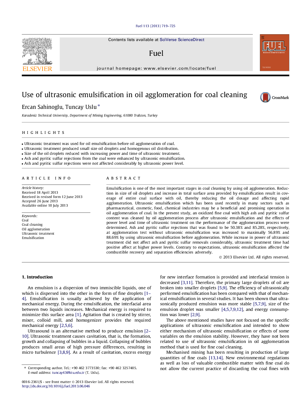 Use of ultrasonic emulsification in oil agglomeration for coal cleaning