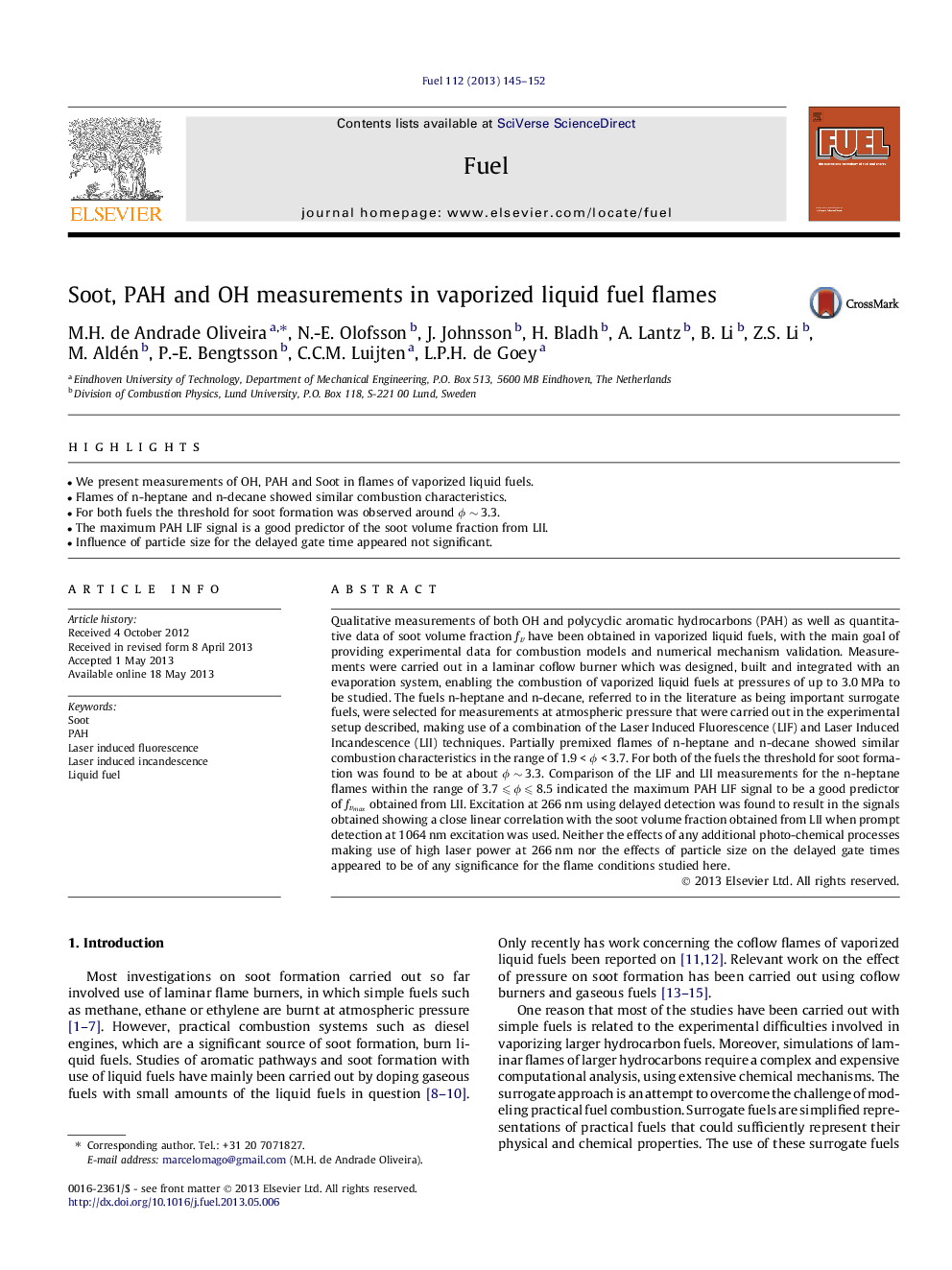 Soot, PAH and OH measurements in vaporized liquid fuel flames