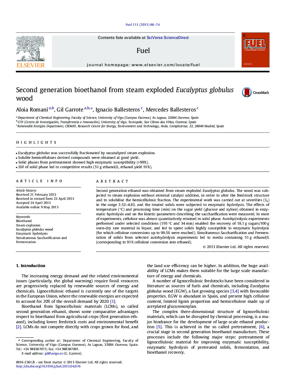 Second generation bioethanol from steam exploded Eucalyptus globulus wood