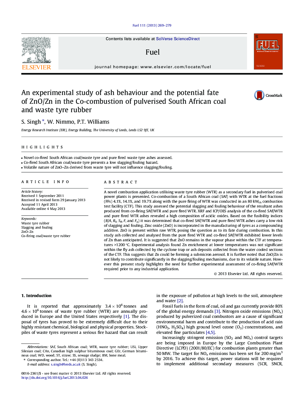 An experimental study of ash behaviour and the potential fate of ZnO/Zn in the Co-combustion of pulverised South African coal and waste tyre rubber