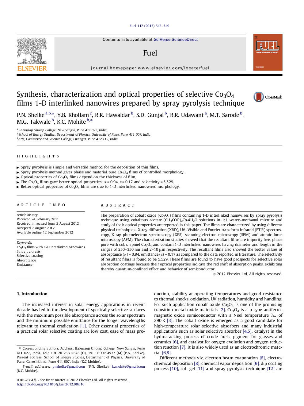 Synthesis, characterization and optical properties of selective Co3O4 films 1-D interlinked nanowires prepared by spray pyrolysis technique