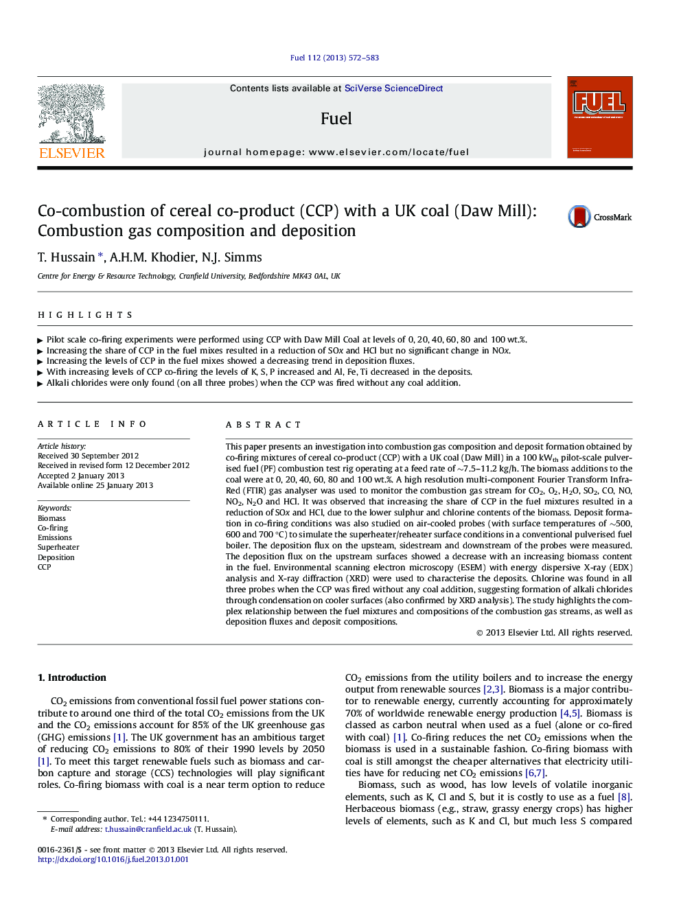 Co-combustion of cereal co-product (CCP) with a UK coal (Daw Mill): Combustion gas composition and deposition