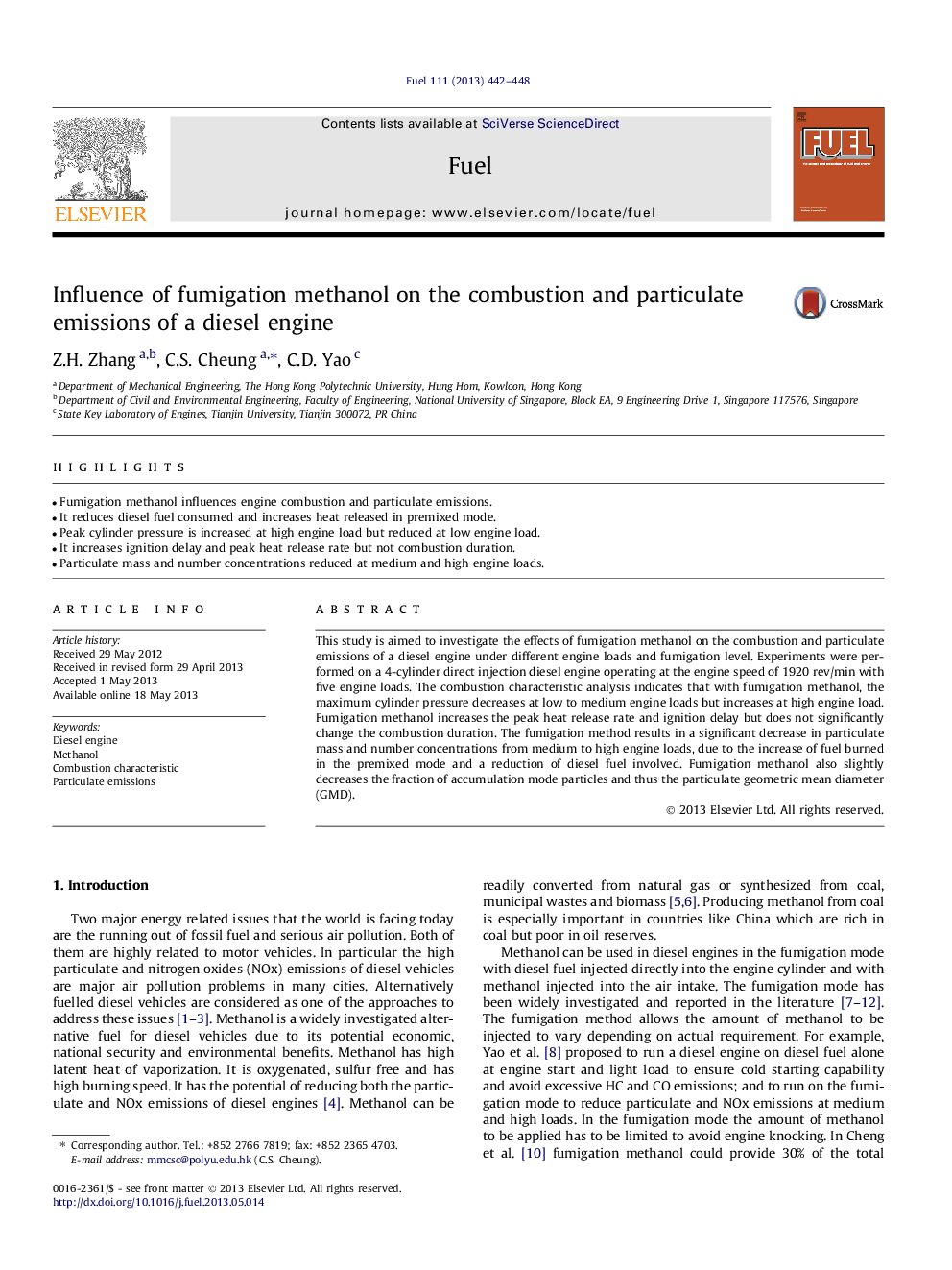 Influence of fumigation methanol on the combustion and particulate emissions of a diesel engine