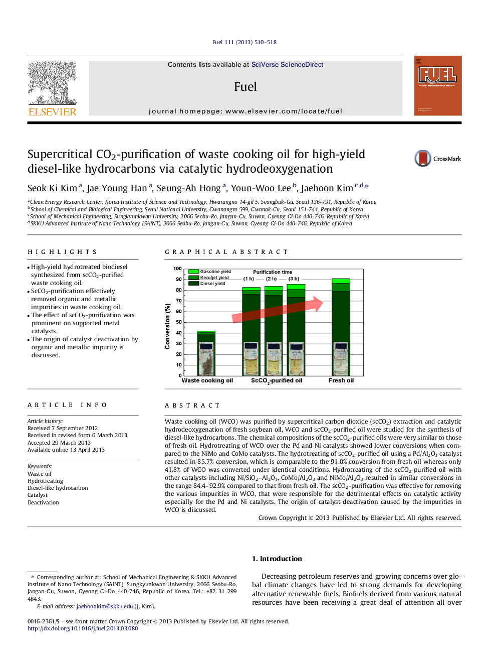 Supercritical CO2-purification of waste cooking oil for high-yield diesel-like hydrocarbons via catalytic hydrodeoxygenation