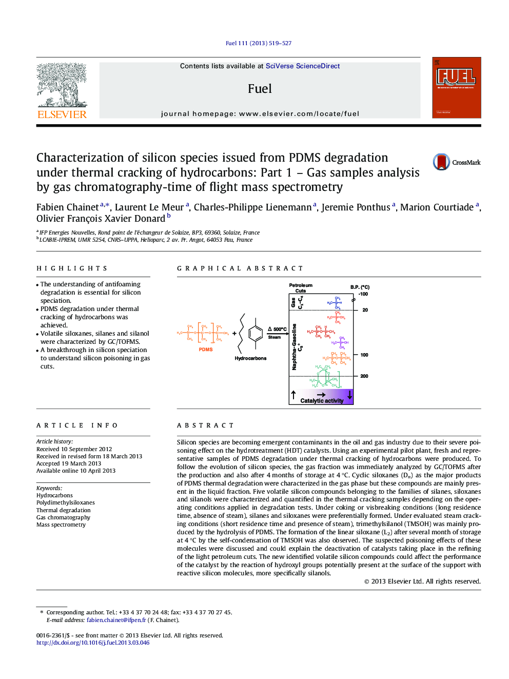 Characterization of silicon species issued from PDMS degradation under thermal cracking of hydrocarbons: Part 1 - Gas samples analysis by gas chromatography-time of flight mass spectrometry