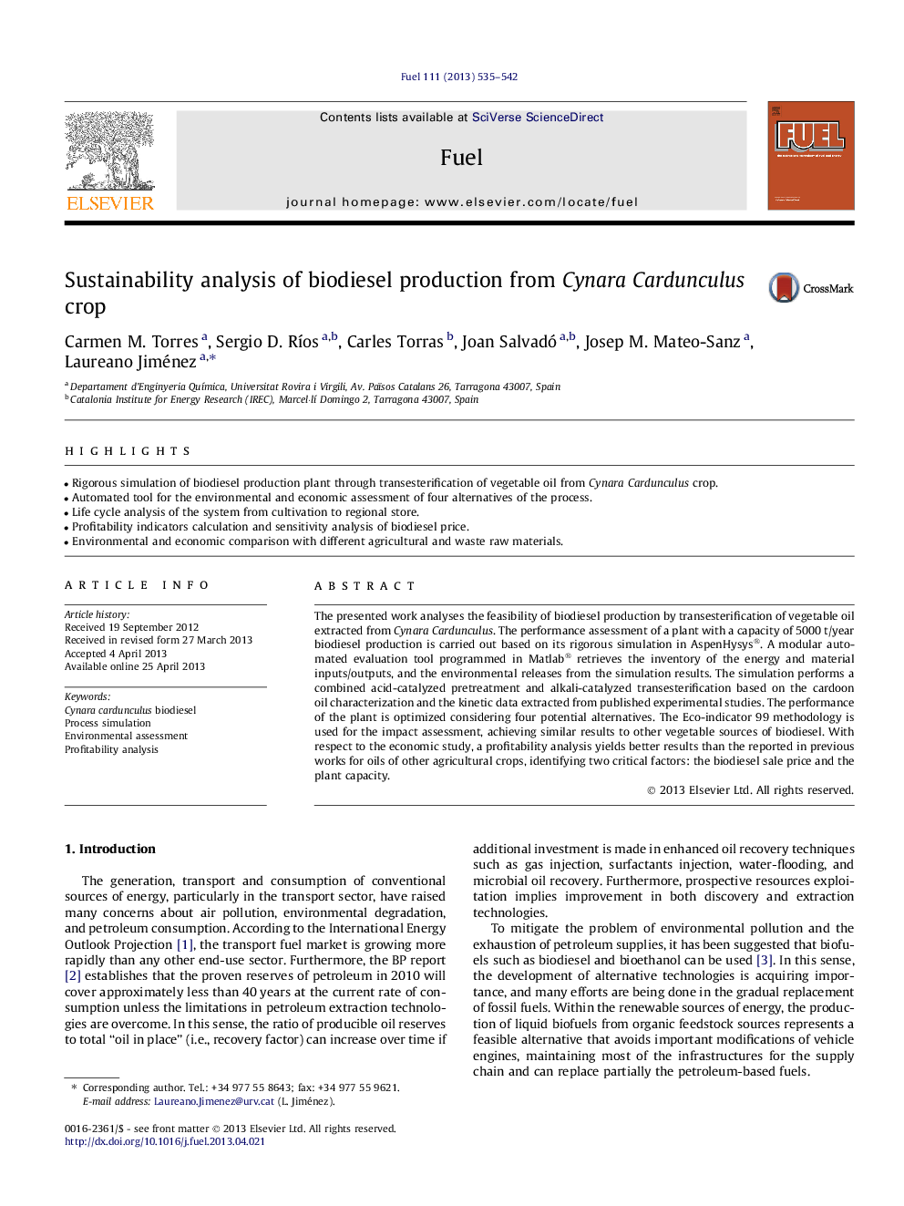 Sustainability analysis of biodiesel production from Cynara Cardunculus crop