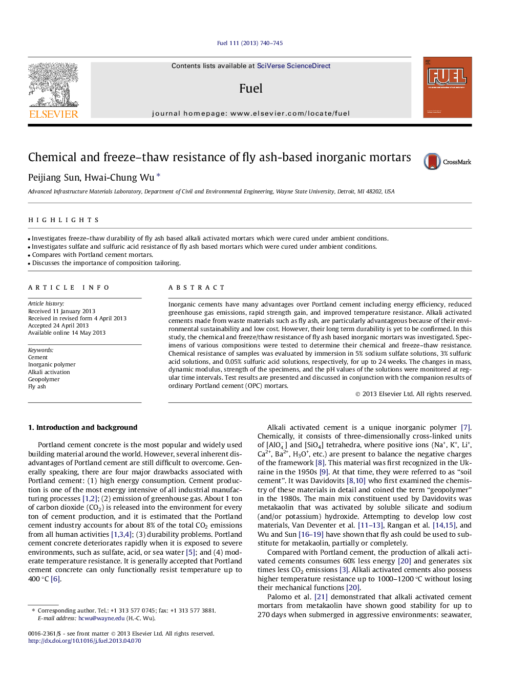 Chemical and freeze-thaw resistance of fly ash-based inorganic mortars