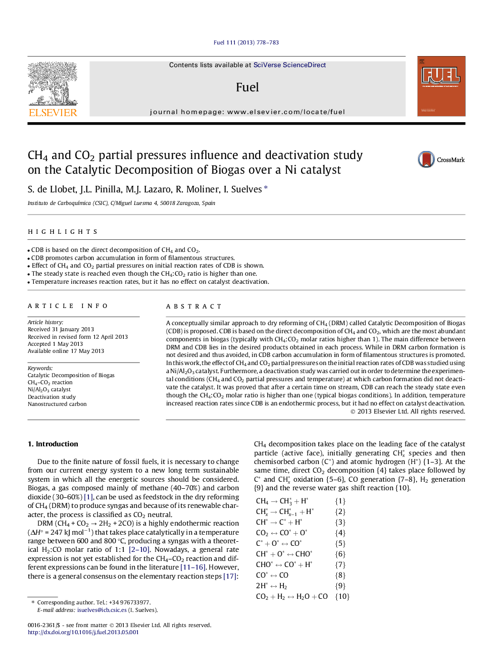 CH4 and CO2 partial pressures influence and deactivation study on the Catalytic Decomposition of Biogas over a Ni catalyst