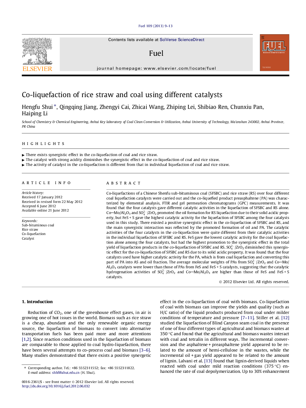 Co-liquefaction of rice straw and coal using different catalysts