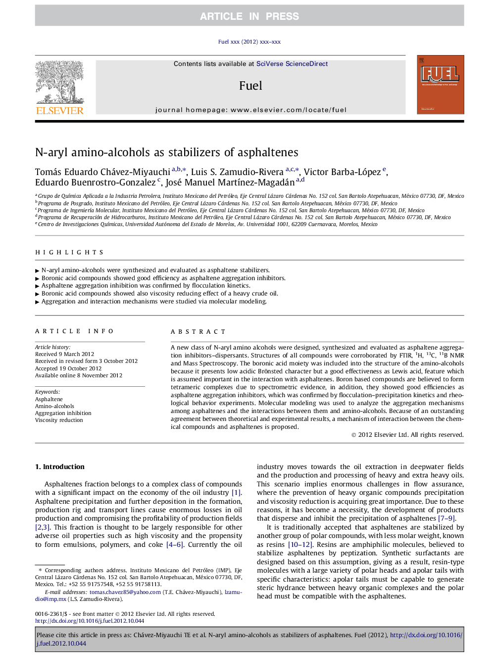 N-aryl amino-alcohols as stabilizers of asphaltenes