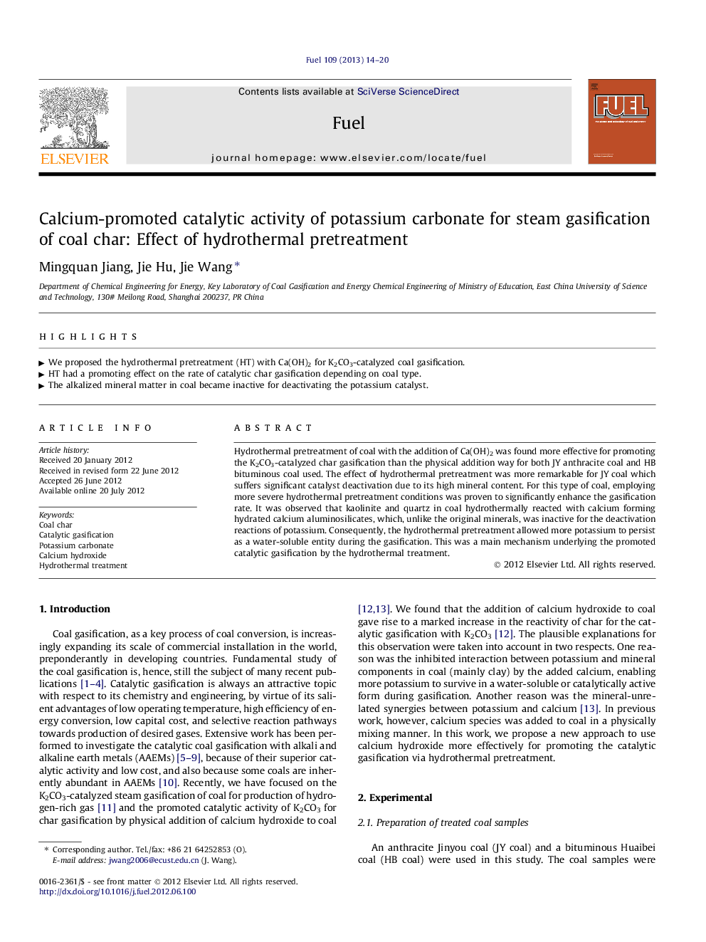 Calcium-promoted catalytic activity of potassium carbonate for steam gasification of coal char: Effect of hydrothermal pretreatment