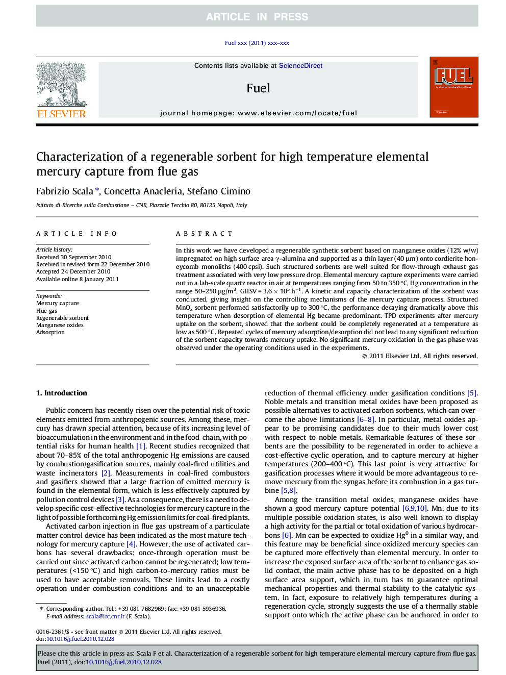 Characterization of a regenerable sorbent for high temperature elemental mercury capture from flue gas