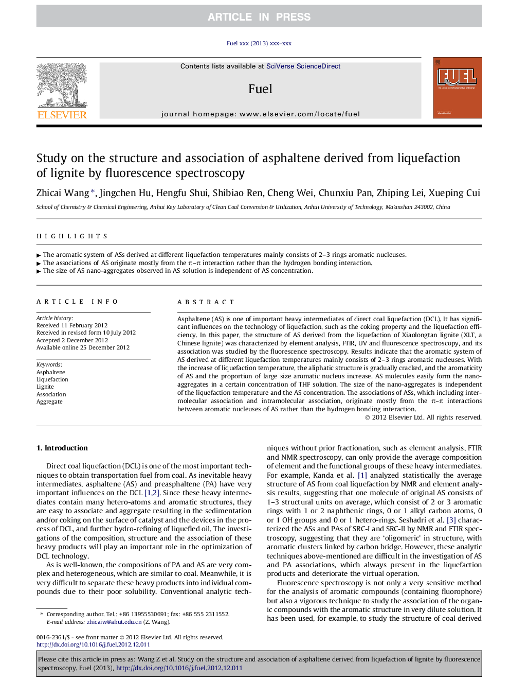 Study on the structure and association of asphaltene derived from liquefaction of lignite by fluorescence spectroscopy