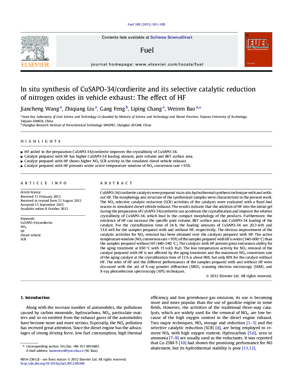 In situ synthesis of CuSAPO-34/cordierite and its selective catalytic reduction of nitrogen oxides in vehicle exhaust: The effect of HF