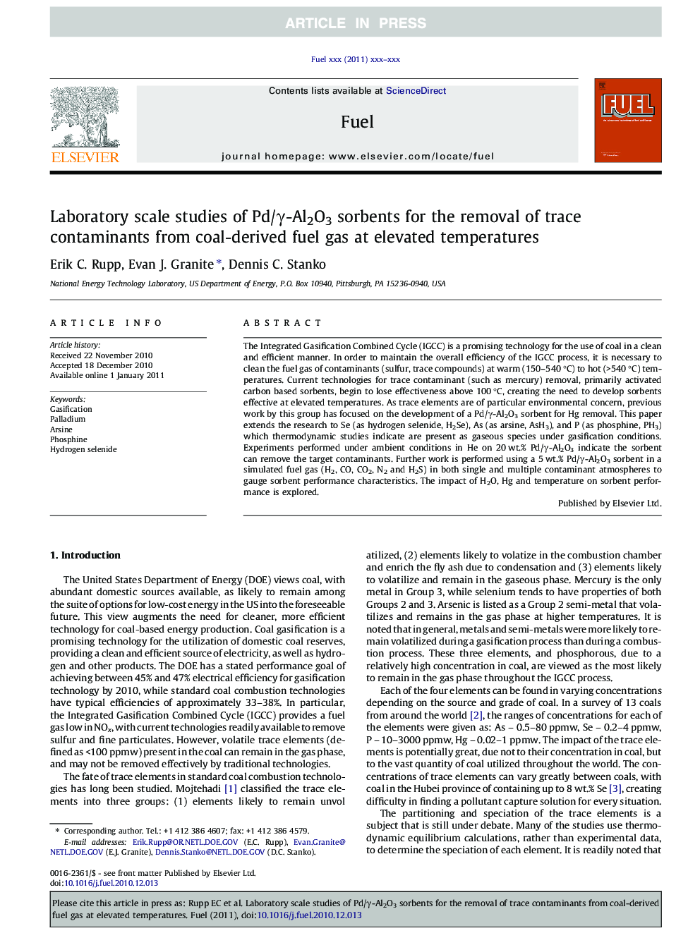 Laboratory scale studies of Pd/Î³-Al2O3 sorbents for the removal of trace contaminants from coal-derived fuel gas at elevated temperatures