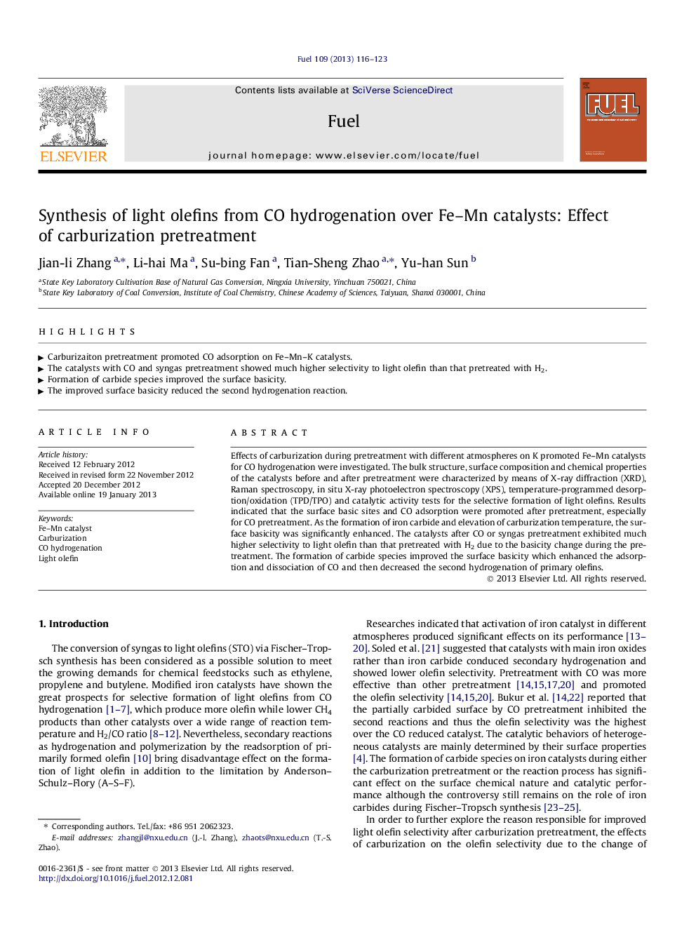 Synthesis of light olefins from CO hydrogenation over Fe-Mn catalysts: Effect of carburization pretreatment