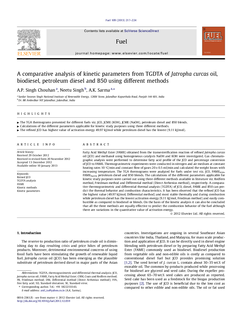 A comparative analysis of kinetic parameters from TGDTA of Jatropha curcas oil, biodiesel, petroleum diesel and B50 using different methods