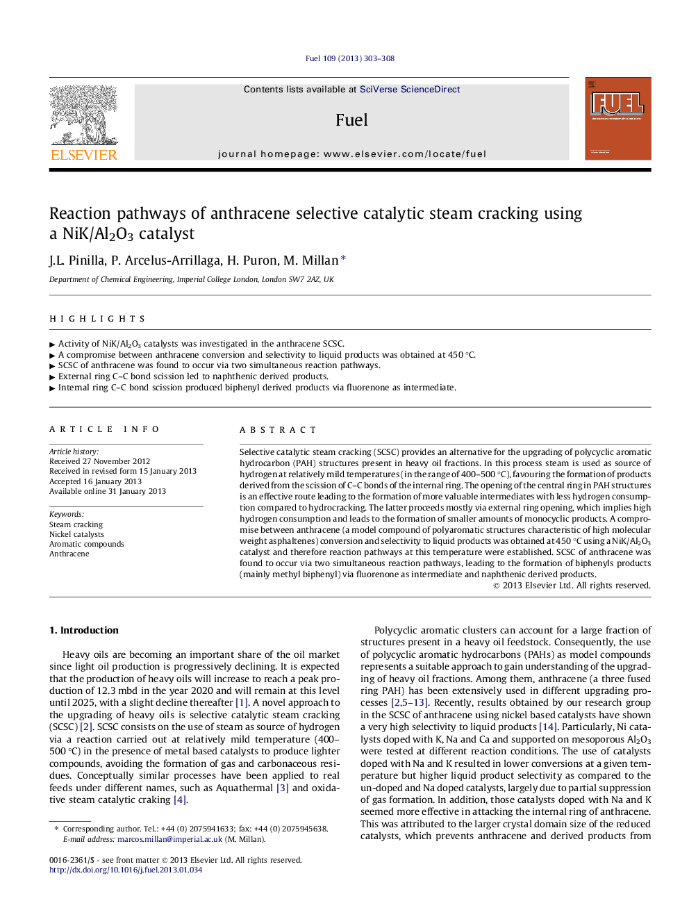 Reaction pathways of anthracene selective catalytic steam cracking using a NiK/Al2O3 catalyst