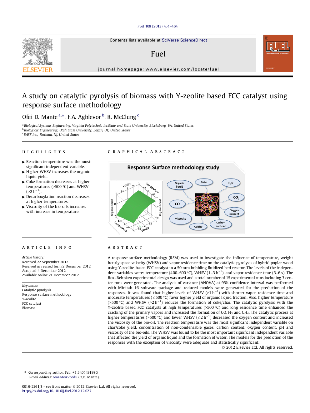 A study on catalytic pyrolysis of biomass with Y-zeolite based FCC catalyst using response surface methodology