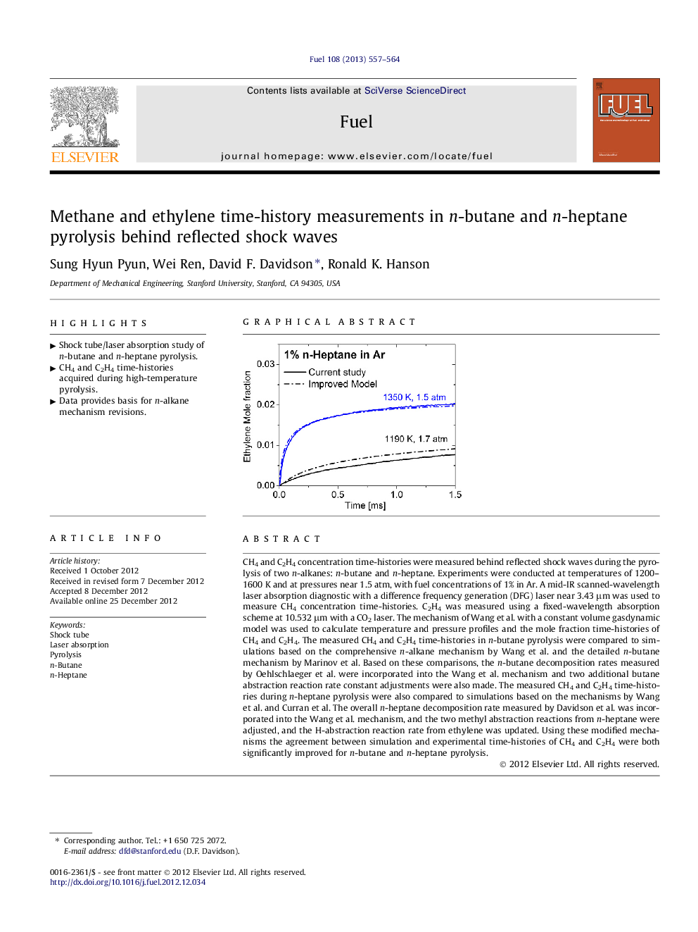 Methane and ethylene time-history measurements in n-butane and n-heptane pyrolysis behind reflected shock waves