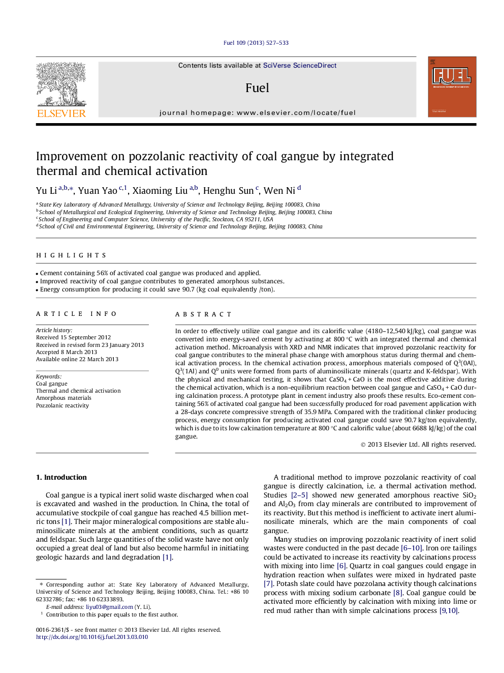 Improvement on pozzolanic reactivity of coal gangue by integrated thermal and chemical activation