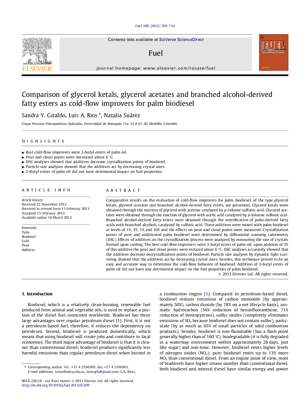 Comparison of glycerol ketals, glycerol acetates and branched alcohol-derived fatty esters as cold-flow improvers for palm biodiesel