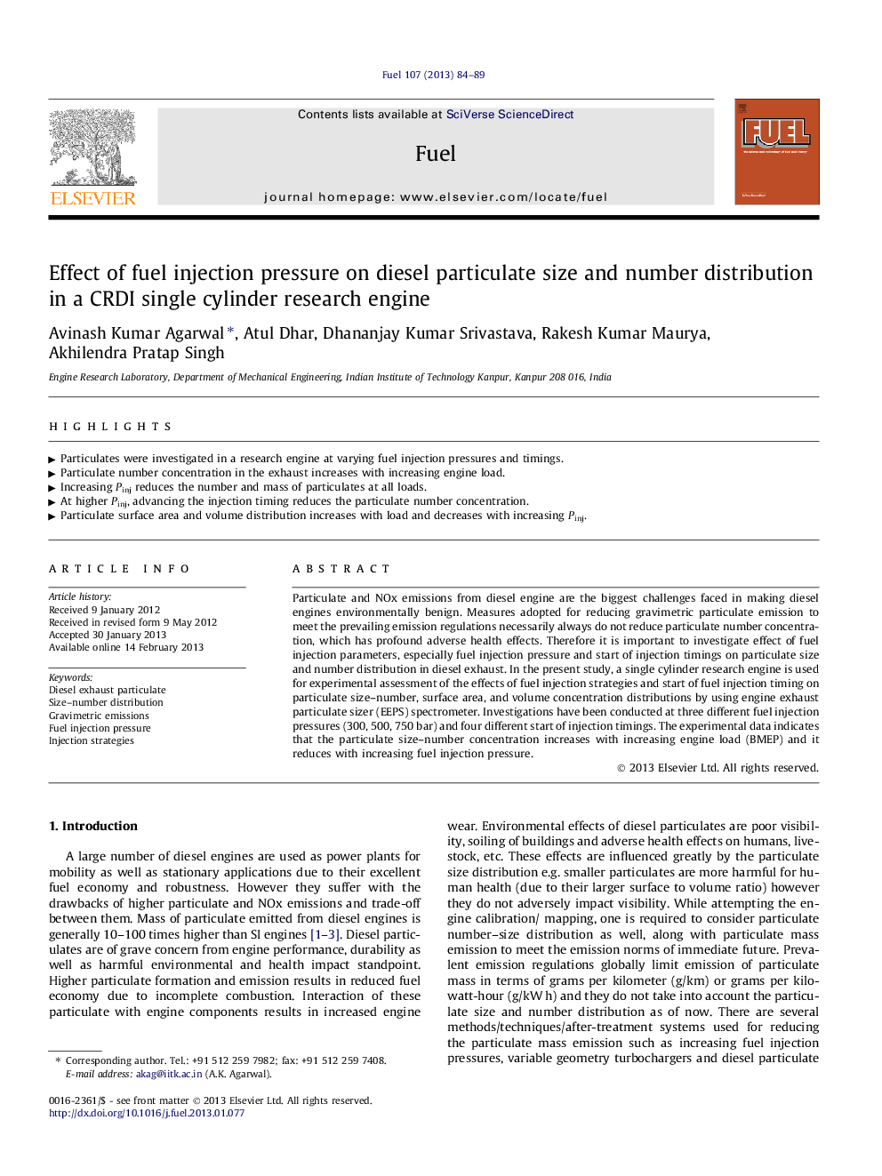 Effect of fuel injection pressure on diesel particulate size and number distribution in a CRDI single cylinder research engine