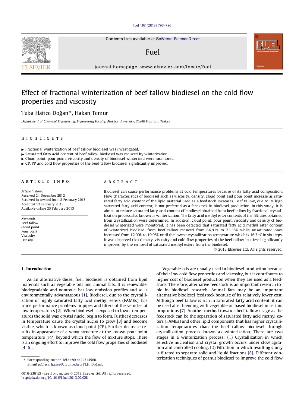 Effect of fractional winterization of beef tallow biodiesel on the cold flow properties and viscosity